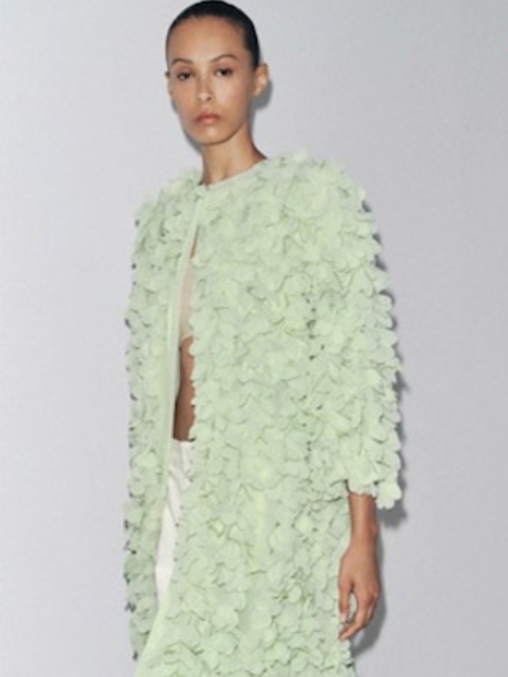 ZARA Long Petal Coat | Mint 3D Floral Appliqué Duster | Size M